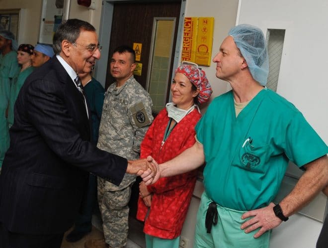 David Kwiatkowski and his wife, Lisa Kwiatkowski, CRNA, with former Secretary of Defense Leon Panetta during a meet-and-greet at Landstuhl Medical Center in Germany